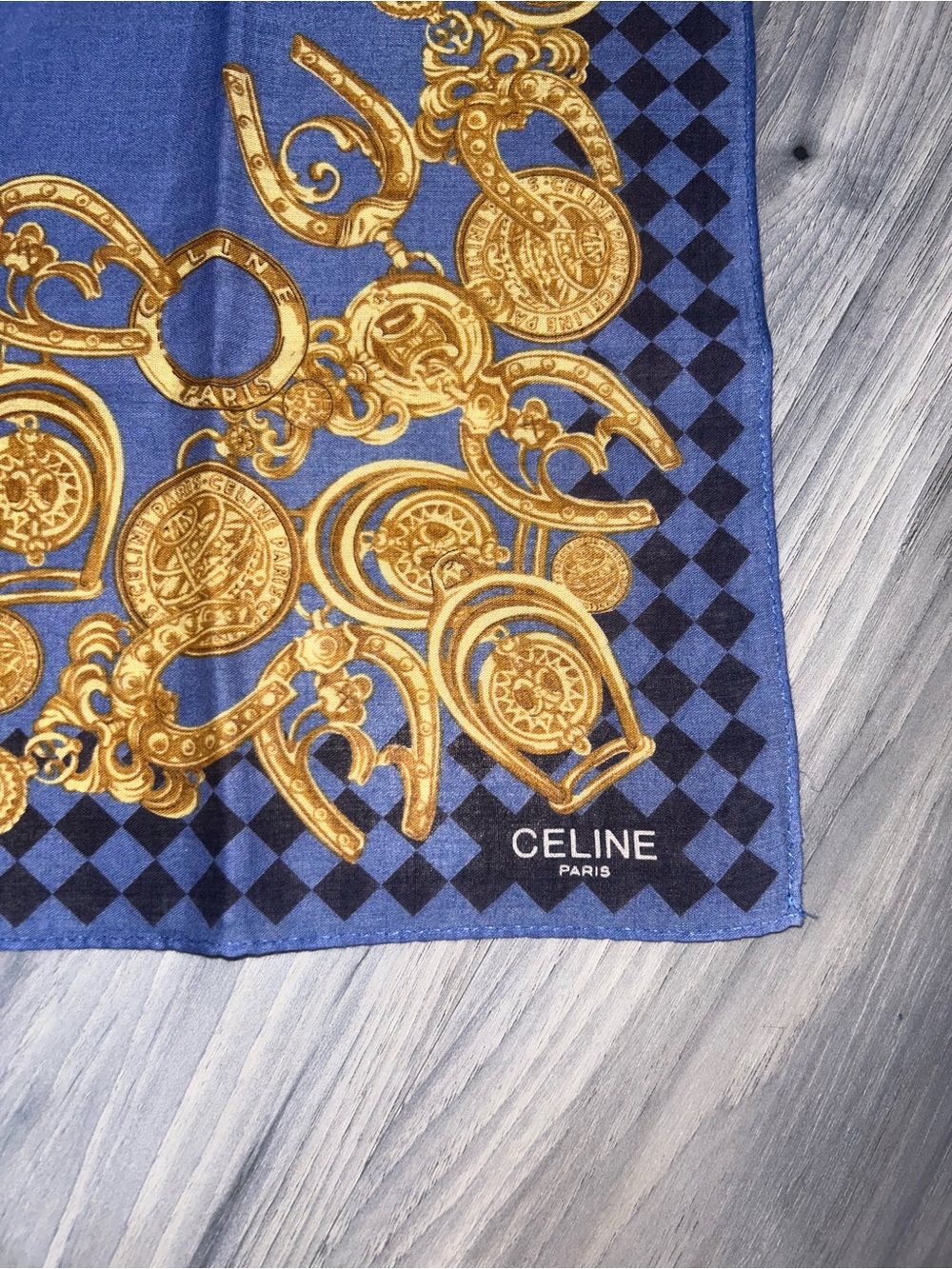 Vintage Celine Blue Cotton Handkerchief with Gold Medallion Design - Picture 4 of 11
